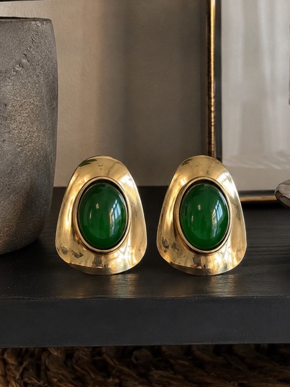 Mayamar Gold Plated Earrings with Green Cabochon Centers